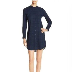 Eileen Fisher Windowpane Silk Long Sleeve Shirt Dress Womens XXS Navy Blue Black